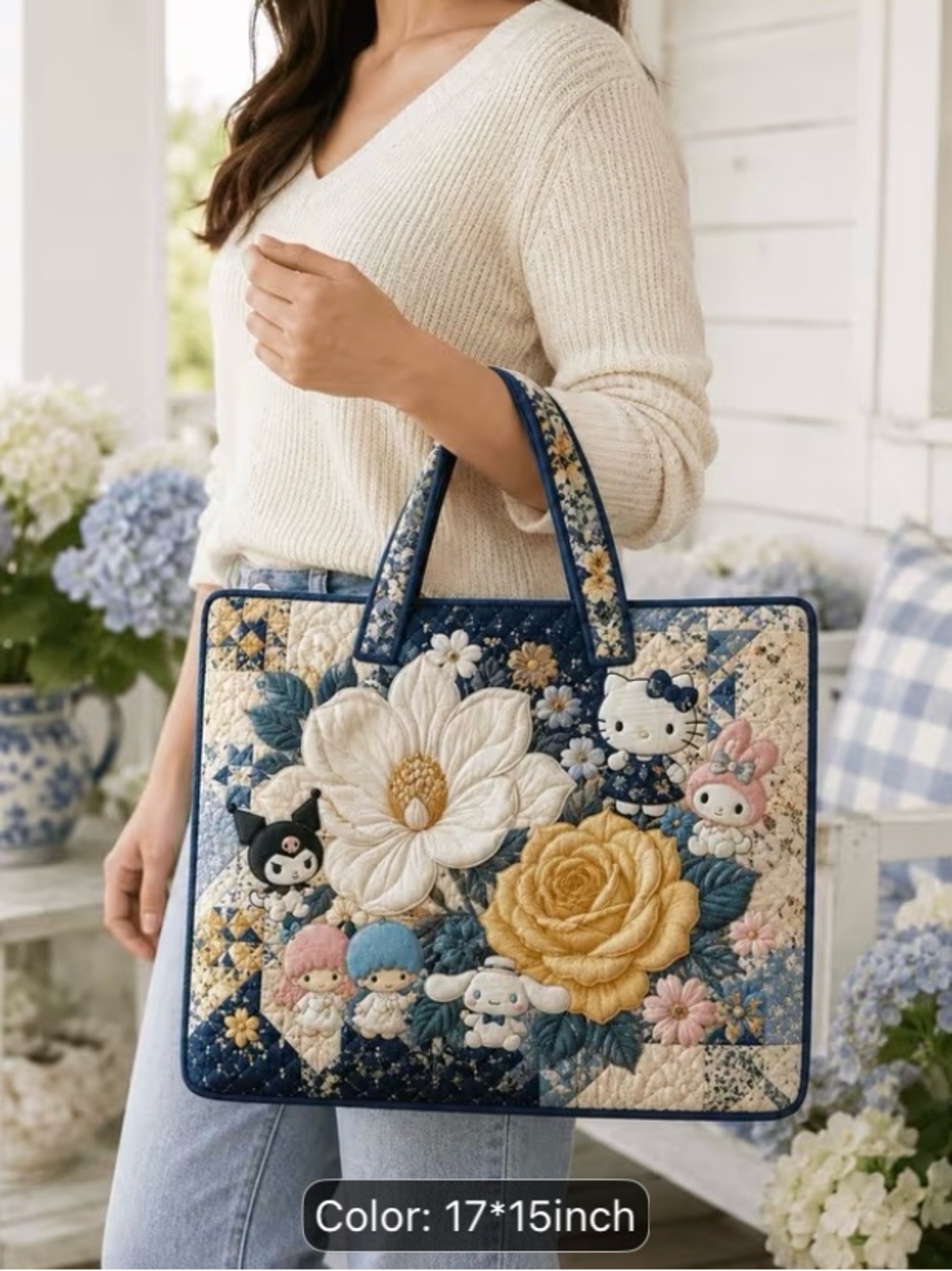Hello Kitty Quilted Floral Tote Bag - Navy, Cream & Yellow - Picture 2 of 3
